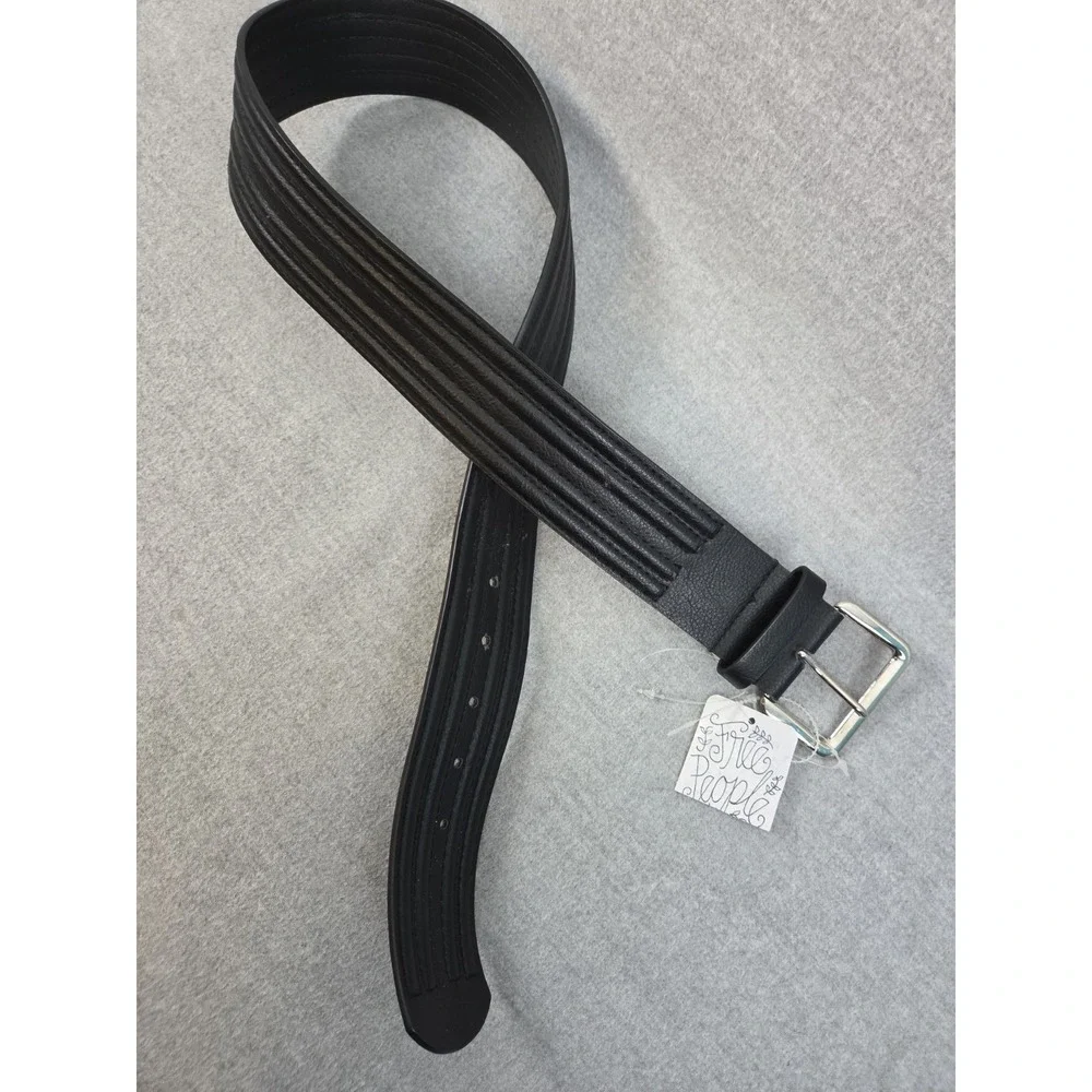 Free People Womens Belt S/M Black Chunky Ribbed Silver Tone Buckle NEW